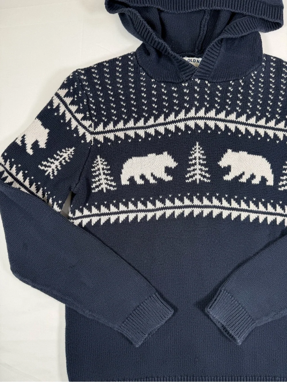 OLD NAVY Boys Hooded Fair Isle Bear Sweater L 10-12 Preppy Cabin Mountain Winter